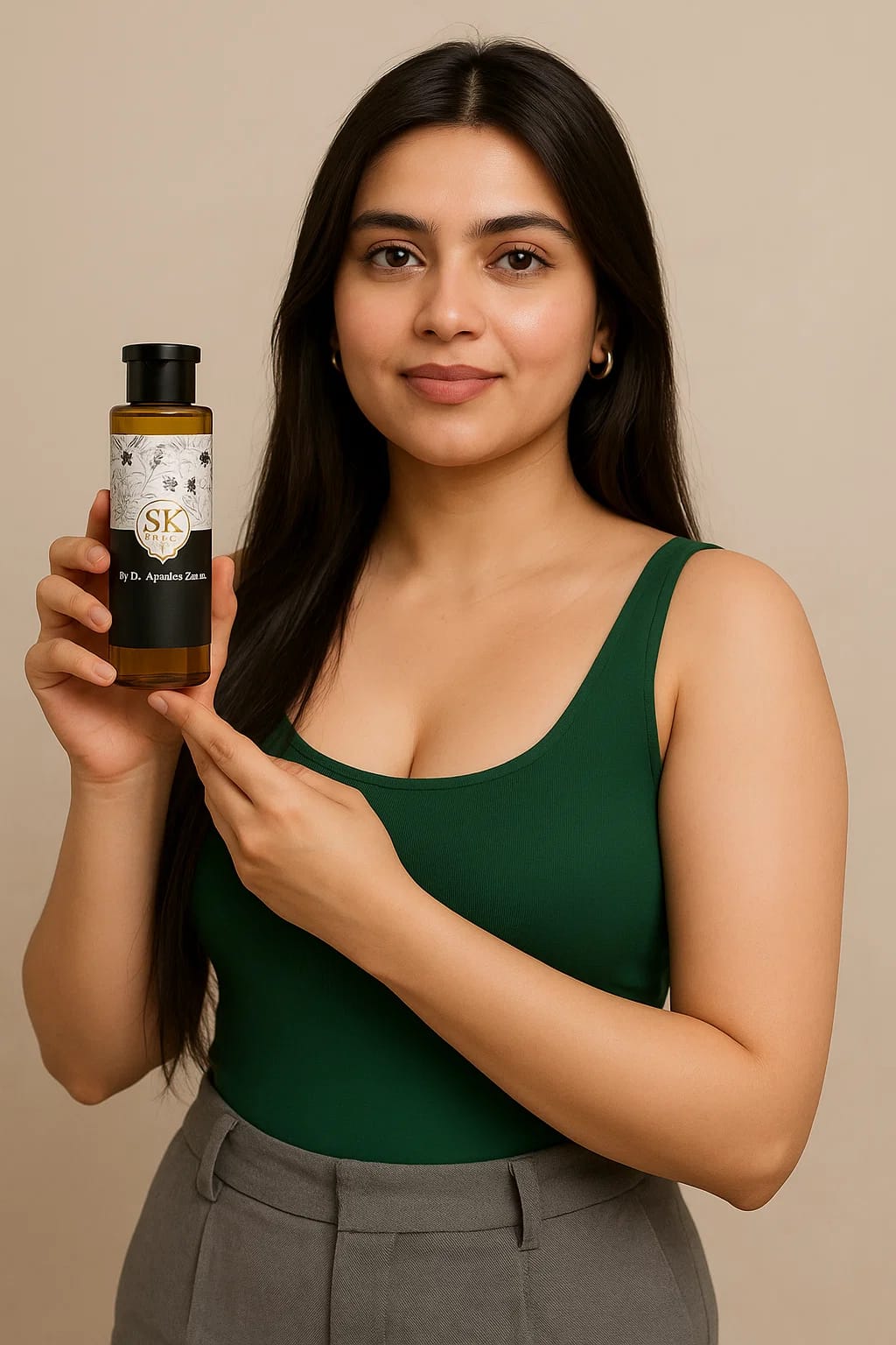 Sk SK Oil by Dr. Ayesha Zahra, a small glass bottle with a dropper cap containing herbal oil for skincare or haircare.