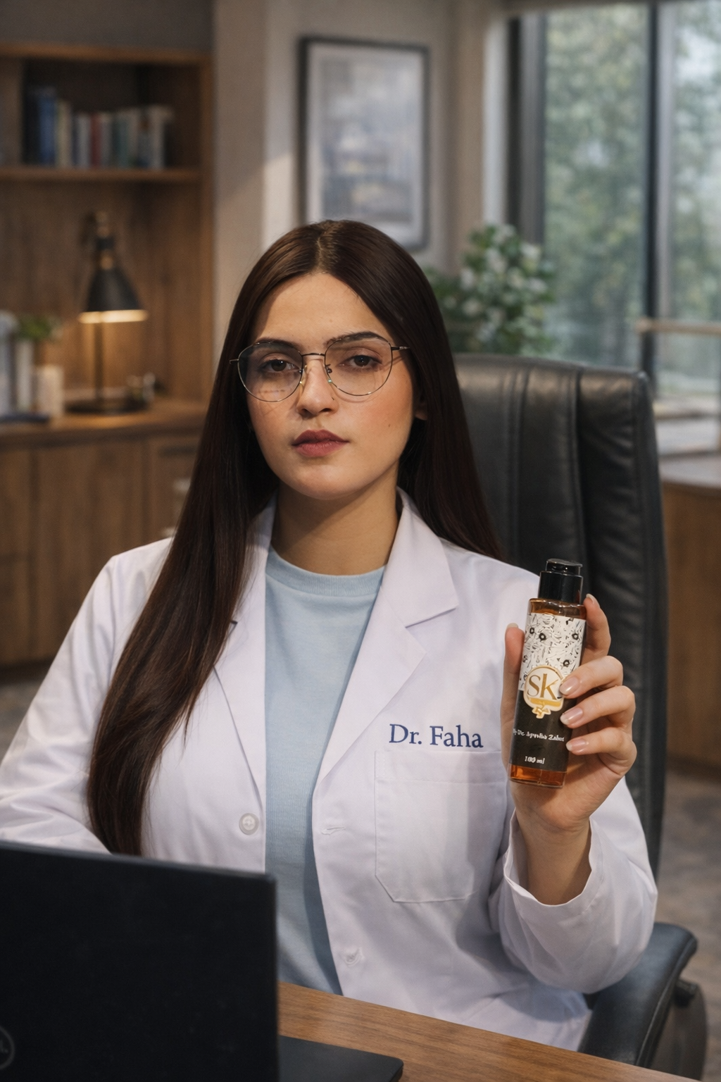 Sk Oil by Dr. Ayesha Zahra in a clear glass bottle with a dropper for skincare and oil application.
